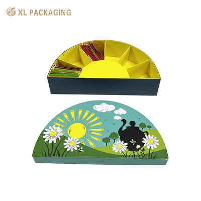 comprare Confezione regalo bustina di tè semicircolare da 2 pezzi 6 scomparti Divisore in carta bianca da 350 g/m² Scatola di imballaggio interna gialla per bustine di tè assortite fabbricazione online