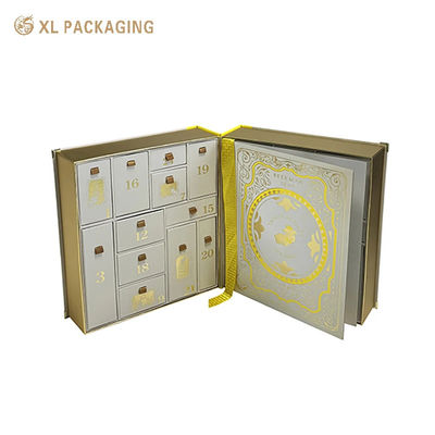 acquistare 24 slot Magnetico Calendario dell'Avvento Scatola regalo, in forma di libro Scatola doppia aperta con decorazione d'angolo in metallo, scatola di imballaggio di bellezza stampata su misura fabbricazione online