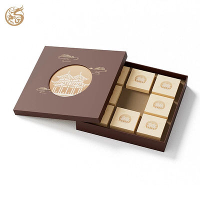 comprare Scatola Regalo per Mooncake Personalizzata in 2 Pezzi, Scatola Rigida con Coperchio Cielo e Terra Marrone con Design a Padiglione Intagliato e Inserto in Cartone fabbricazione online