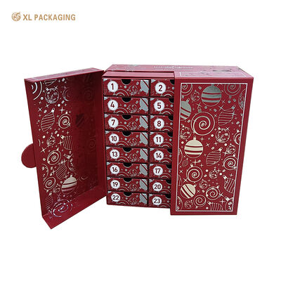 acquistare Scatola Avvento Rossa di Lusso con Argento a Caldo e Chiusura Magnetica per 24 Cassetti Indipendenti fabbricazione online