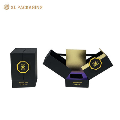 Scatola Regalo Profumo Magnetica a Doppia Porta Personalizzata con Finitura Lusso Nero Oro e Inserto in Schiuma EVA