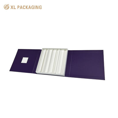 Scatola di imballaggio per cioccolato a doppia apertura a 7 fessure magnetico viola con rilievo completo
