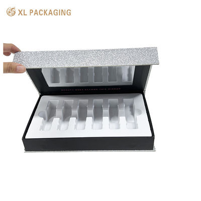 Scatola regalo magnetica di lusso Silver Glitter con specchio e vassoio in PVC personalizzabile per imballaggi cosmetici