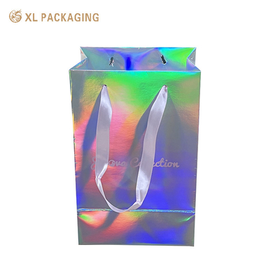 Stampa del logo personalizzato Piccole dimensioni Pubblicità olografica Glitter ologramma foglio d'argento regalo portacarte Borsa di carta per gioielli