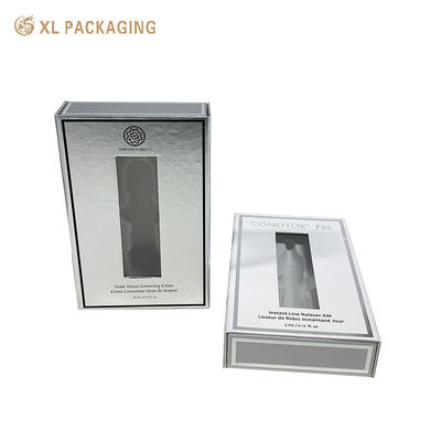 Scatola regalo cosmetica a magnete a logo personalizzato con finestra in PVC laminata opaca e vassoio a fiocco bianco per imballaggi anti-invecchiamento del siero