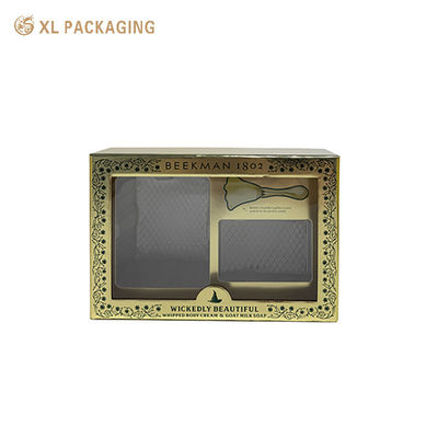 Confezione regalo rigida in due pezzi dorata personalizzata con finestra in PET, scatola di imballaggio per set per la cura della pelle in cartone grigio da 2 mm per sapone per lozione per il corpo con inserto in PET