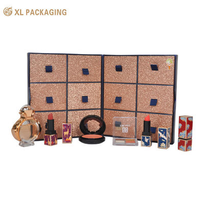 Scatola Calendario dell'Avvento Cosmetico con 12 Scomparti, Scatola Regalo Rotonda a Doppia Apertura con Cassetti Glitterati, Confezione Regalo per Trucco Stampata su Misura