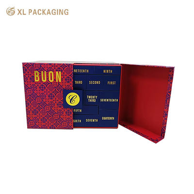 Scatola di calendario dell'Avvento a doppia porta personalizzata per condimenti, logo in foglio d'oro caldo, 24 cassette a cassetti della Marina di dimensioni miste con numero di foglio d'oro
