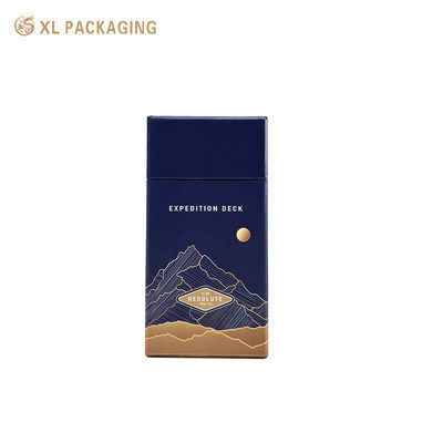 Scatola di cartone premium con apertura a ribalta diagonale blu scuro, stampa Pantone e finitura spot UV