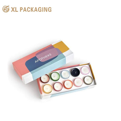 Scatola regalo per candele pieghevole a misura, scatola di carta a 2 pezzi cartone bianco da 350 gm, laminazione opaca 10 cavità inserto EVA per l'imballaggio delle candele OEM OD