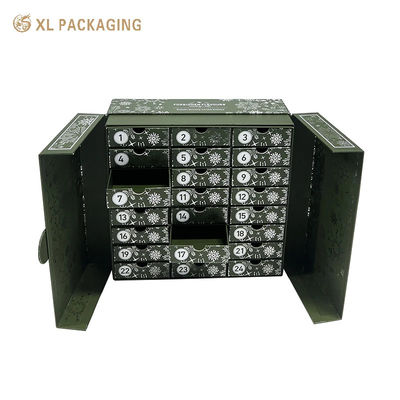 Scatola di calendario d'avvento a doppia porta personalizzata con chiusura magnetica e 24 cassetti con timbro in foglio d'argento brillante
