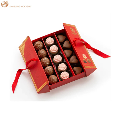 Logo stampato su misura Scatole di cioccolato a doppia porta Scatole di confezionamento di cioccolato rosso Scatole regalo per il matrimonio con chiusura a nastro
