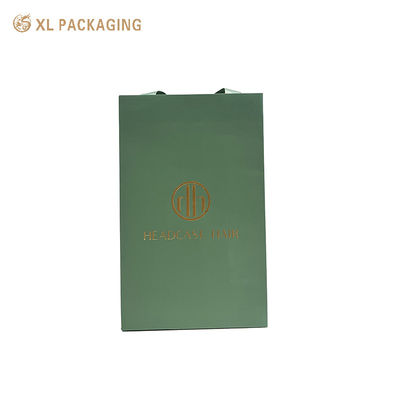 Borsa di carta di lusso personalizzata con carta speciale verde matte foresta e stampa del logo in foglio oro