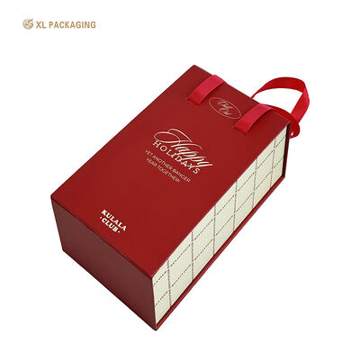 Scatola con chiusura magnetica personalizzata Inserto in schiuma con maniglia a nastro con stampa rossa gialla