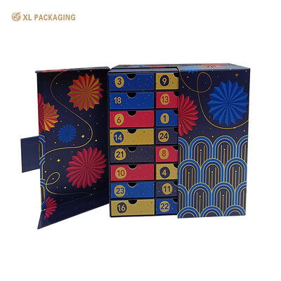 Scatola di calendario d'avvento a doppia porta personalizzata con chiusura magnetica e 24 cassetti con timbro in foglio d'argento brillante